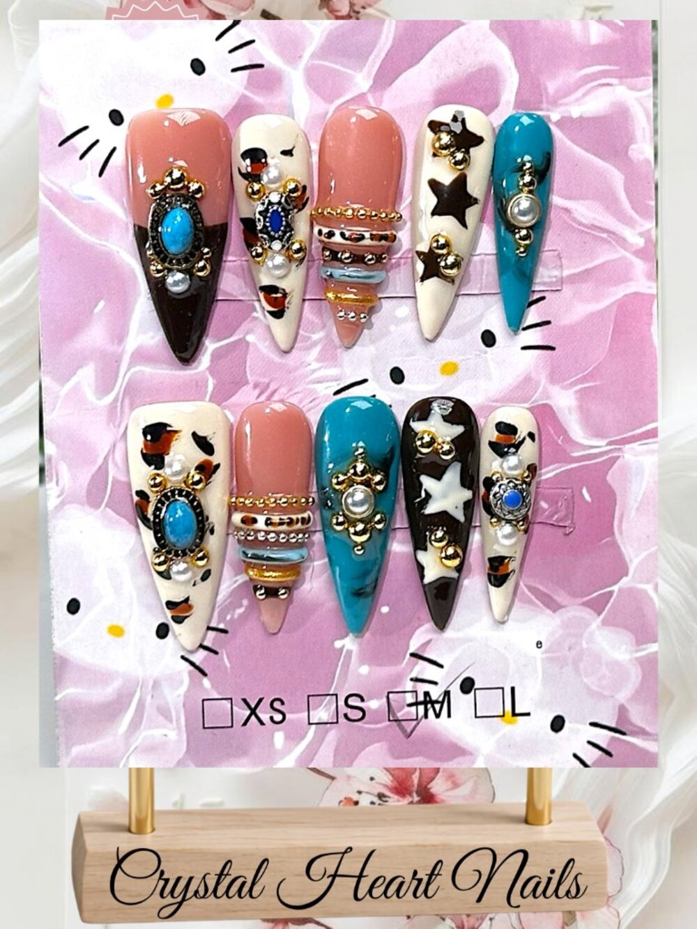 Long Stiletto Teal & Black Bangle Press-On Nails | Star & Gem Accents
